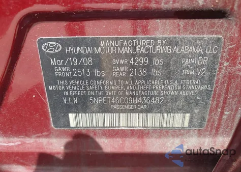2009 Hyundai Sonata Gls from USA, damaged, VIN 5NPET46C09H436482